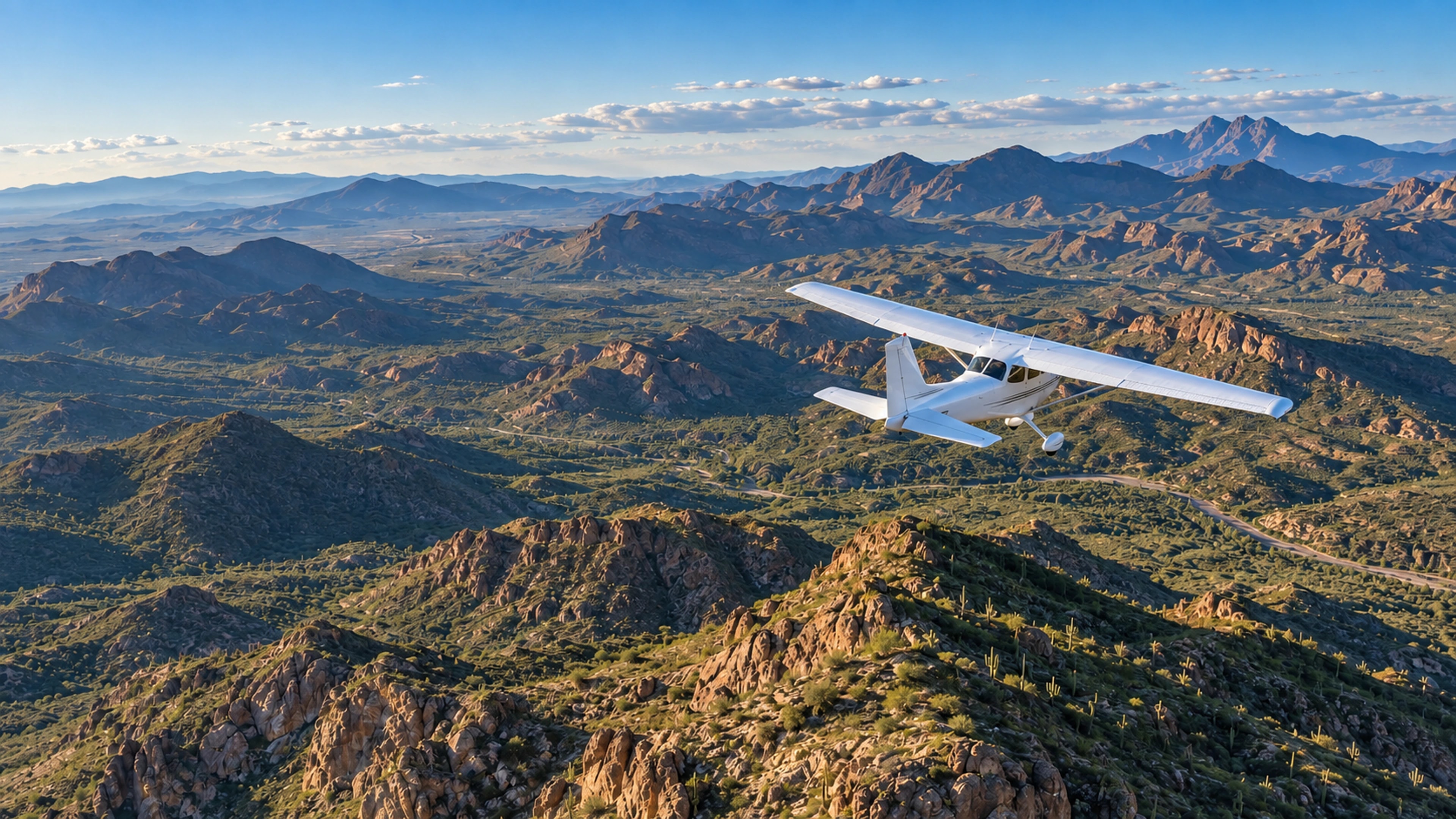 A light aircraft flying over the mountains and desert of Arizona