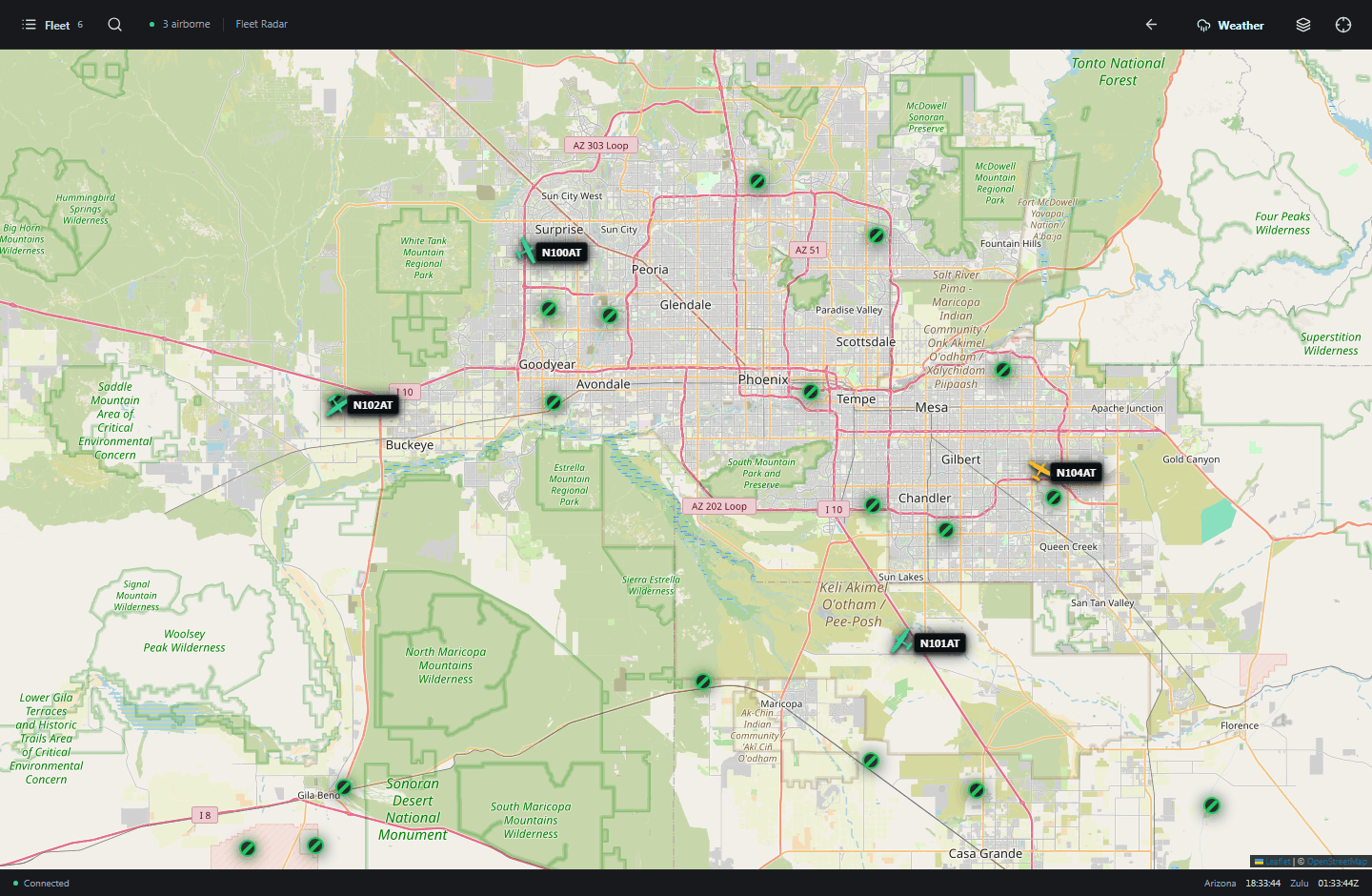 ASTRAIOS sandbox fleet radar with aircraft around Phoenix and colored airport weather markers